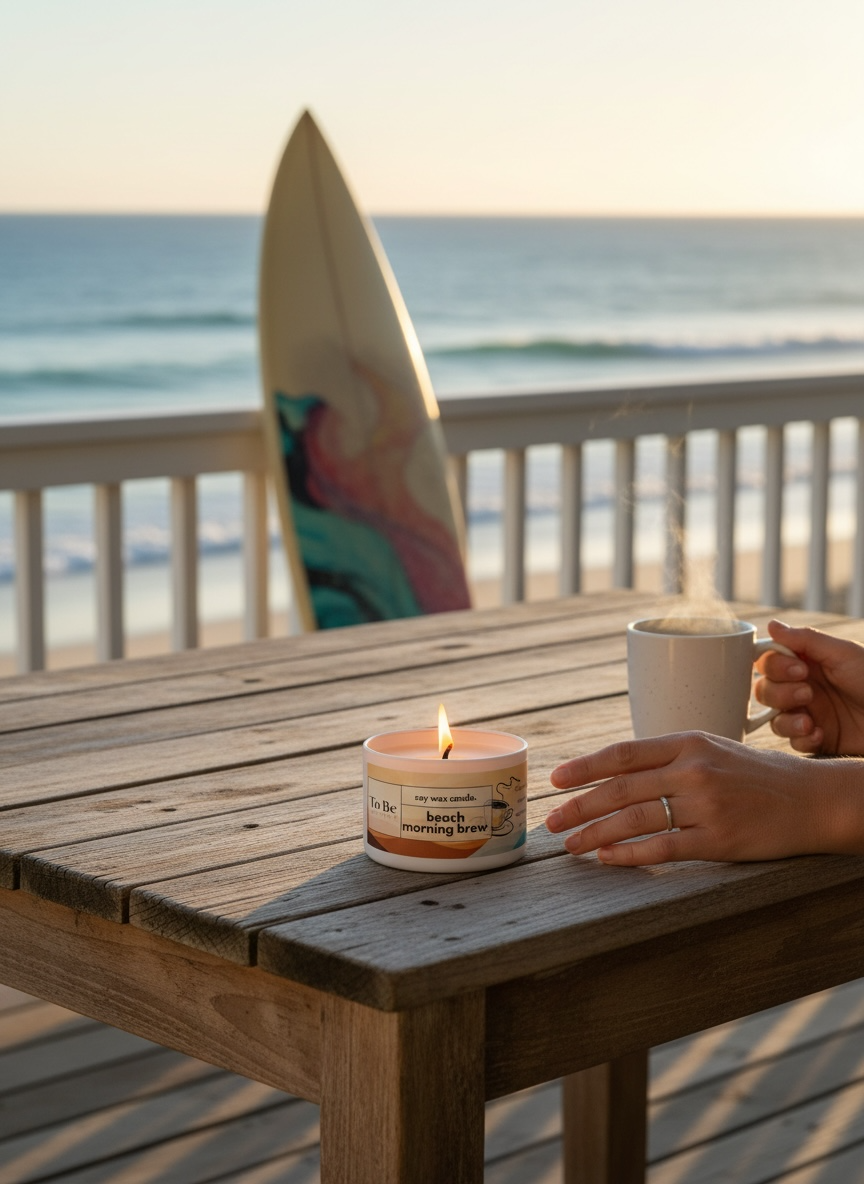 Candle and mug of coffee  on a wooden table with a beach view and a surfboard in the background.